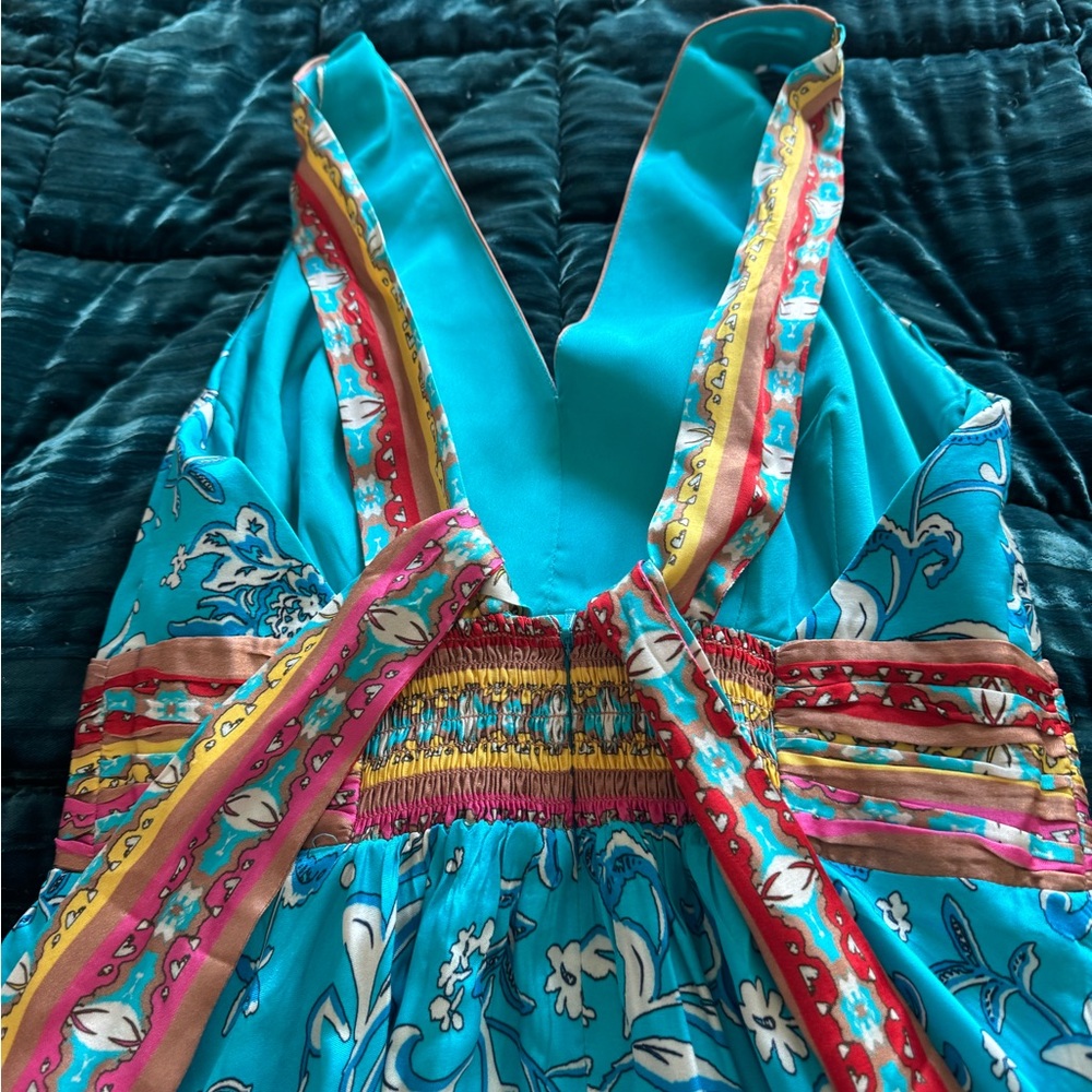Ramy Brook Blue and Red Midi Dress with Empire Waist